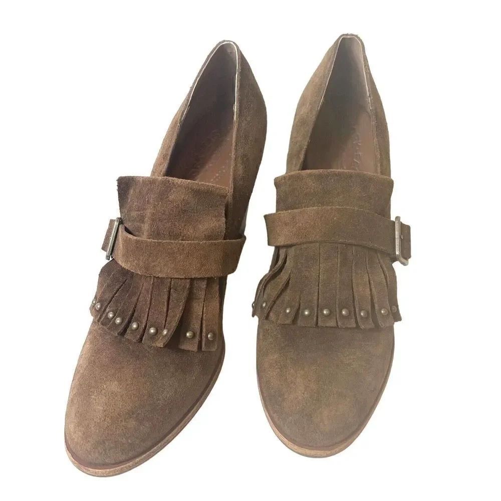 Kork-Ease Womens 11 M High Heel Slip On Pump Brown Suede Fashion Fringe Tasseled